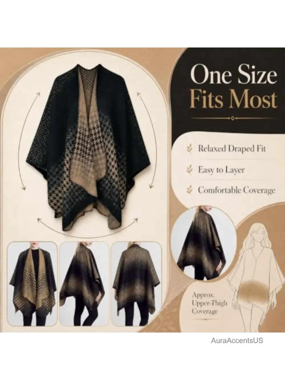 Womens Houndstooth Knitted Cardigan Wrap Shawl Poncho Cape